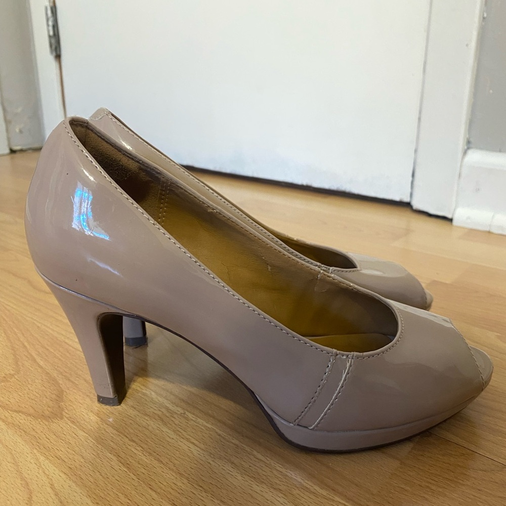 Taupe Peep-Toe high Heel; Clarks collection size 7m